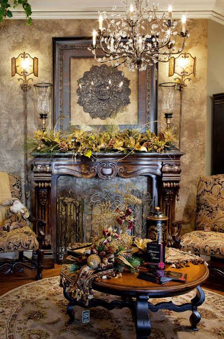 Luxury Fireplace Mantel Adorned with Gold and Green Garland — Elegant Christmas Decor