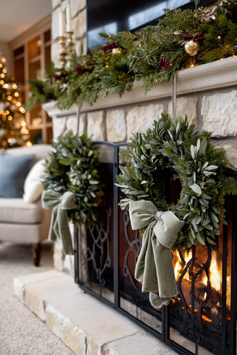 Stone Fireplace Mantel with Sage Green Wreaths Stone Fireplace Mantel with Sage Green Wreaths — Sage Green Christmas Decor