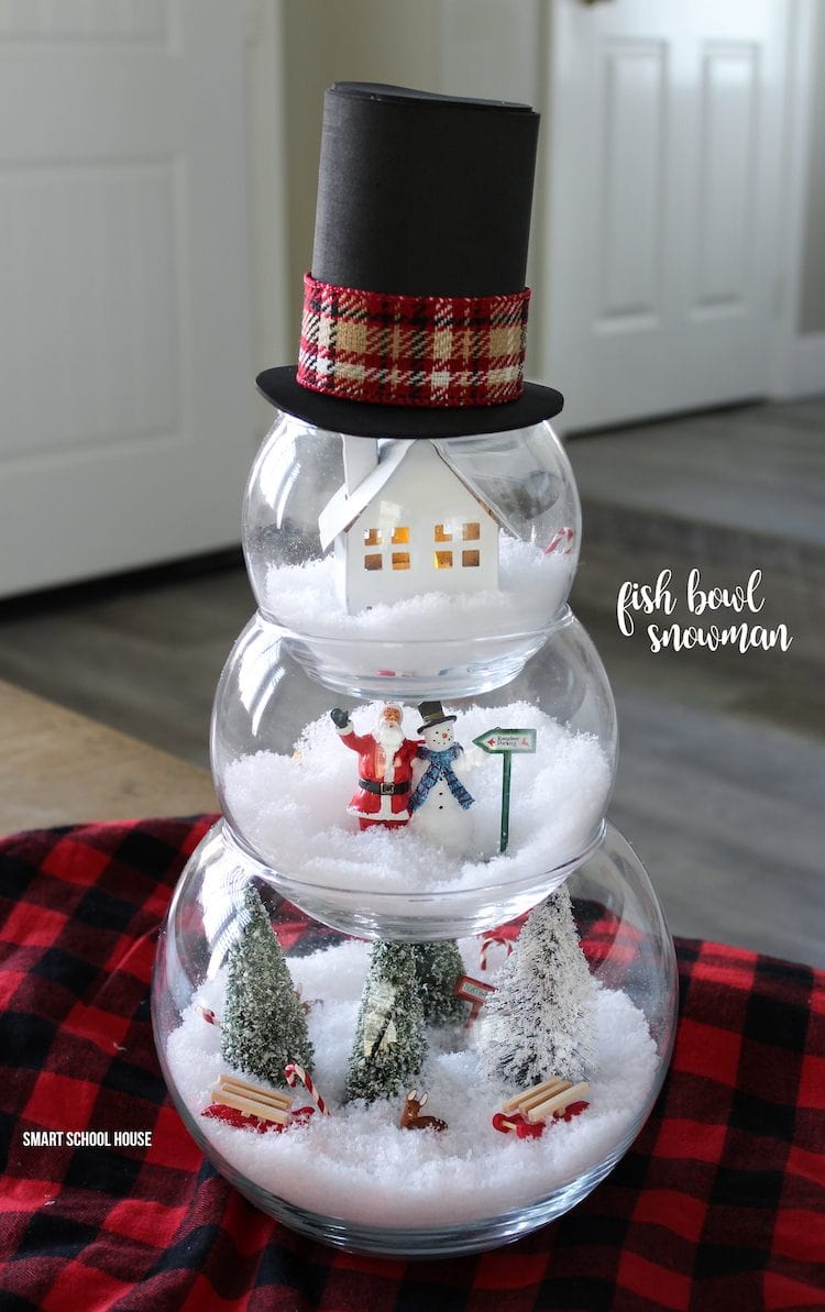 Whimsical Snowman Decoration from Stacked Glass Fishbowls — Dollar Tree Christmas Decor