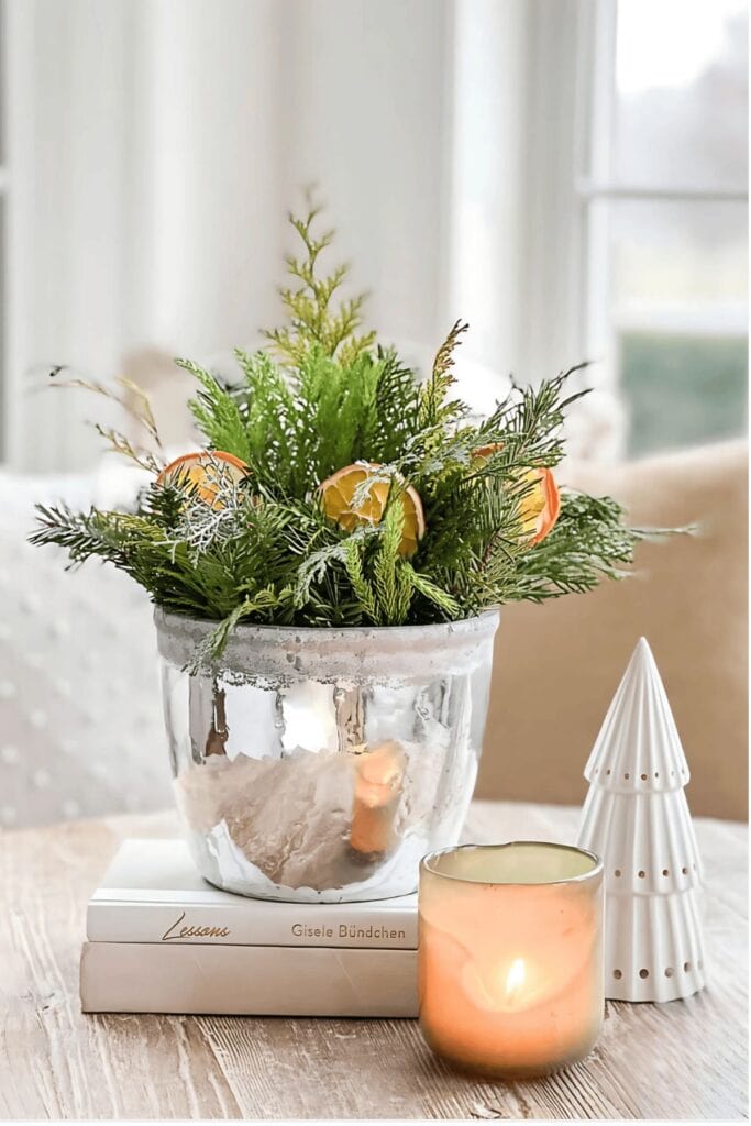 Festive Kitchen Surface Arrangement with Ceramic Tree and Dried Oranges — Christmas Kitchen Decor