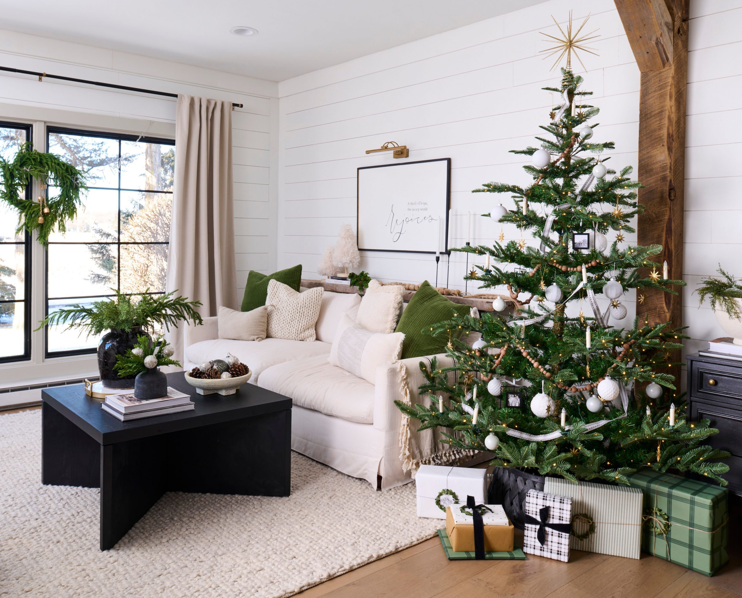 Modern Farmhouse Christmas Tree in a White and Wood Toned Living Room — Christmas Decor