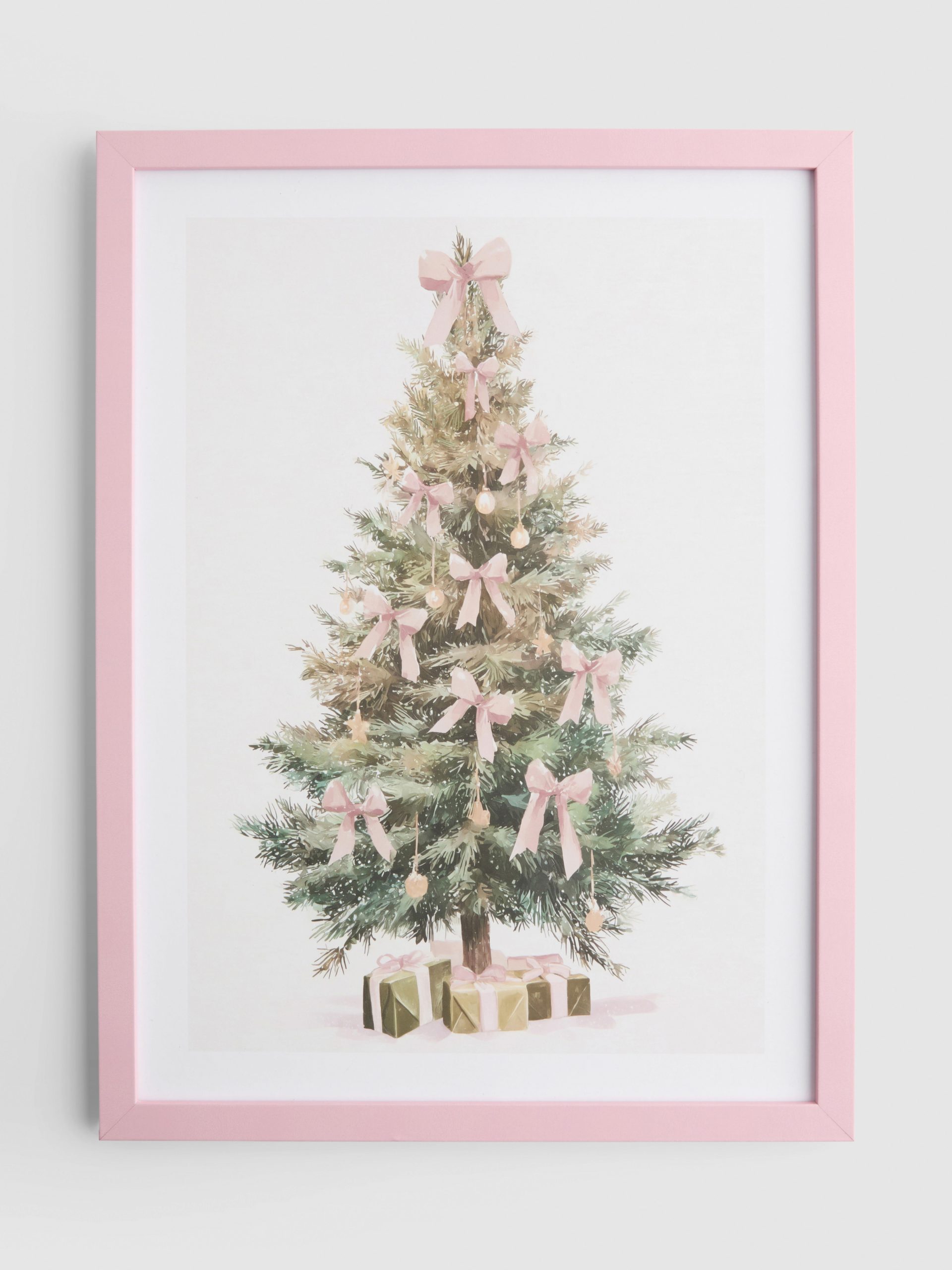 Pink Framed Watercolor of a Christmas Tree — Pink Christmas Decor