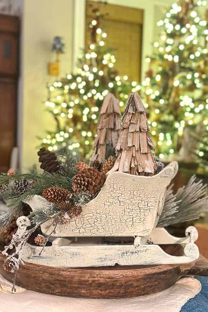 Rustic Sleigh Centerpiece with Wooden Trees Rustic Sleigh Centerpiece with Wooden Trees — Christmas Coffee Table Decor