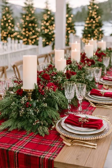 Elegant Outdoor Christmas Tablescape with Red Plaid Runner and Greenery — Traditional Christmas Decor