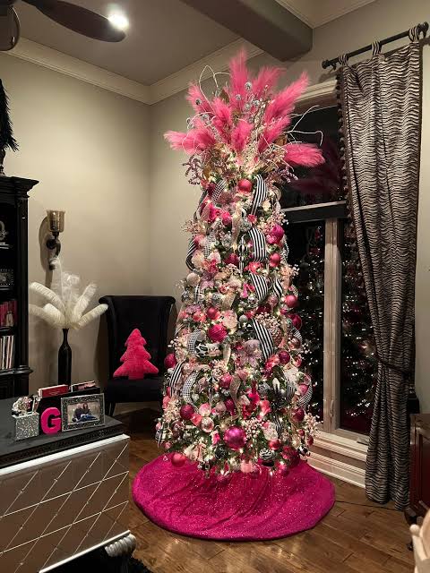 Tree As Focal Point In Room Maximalist Pink Christmas Tree in a Bold Living Room — Pink Christmas Decor