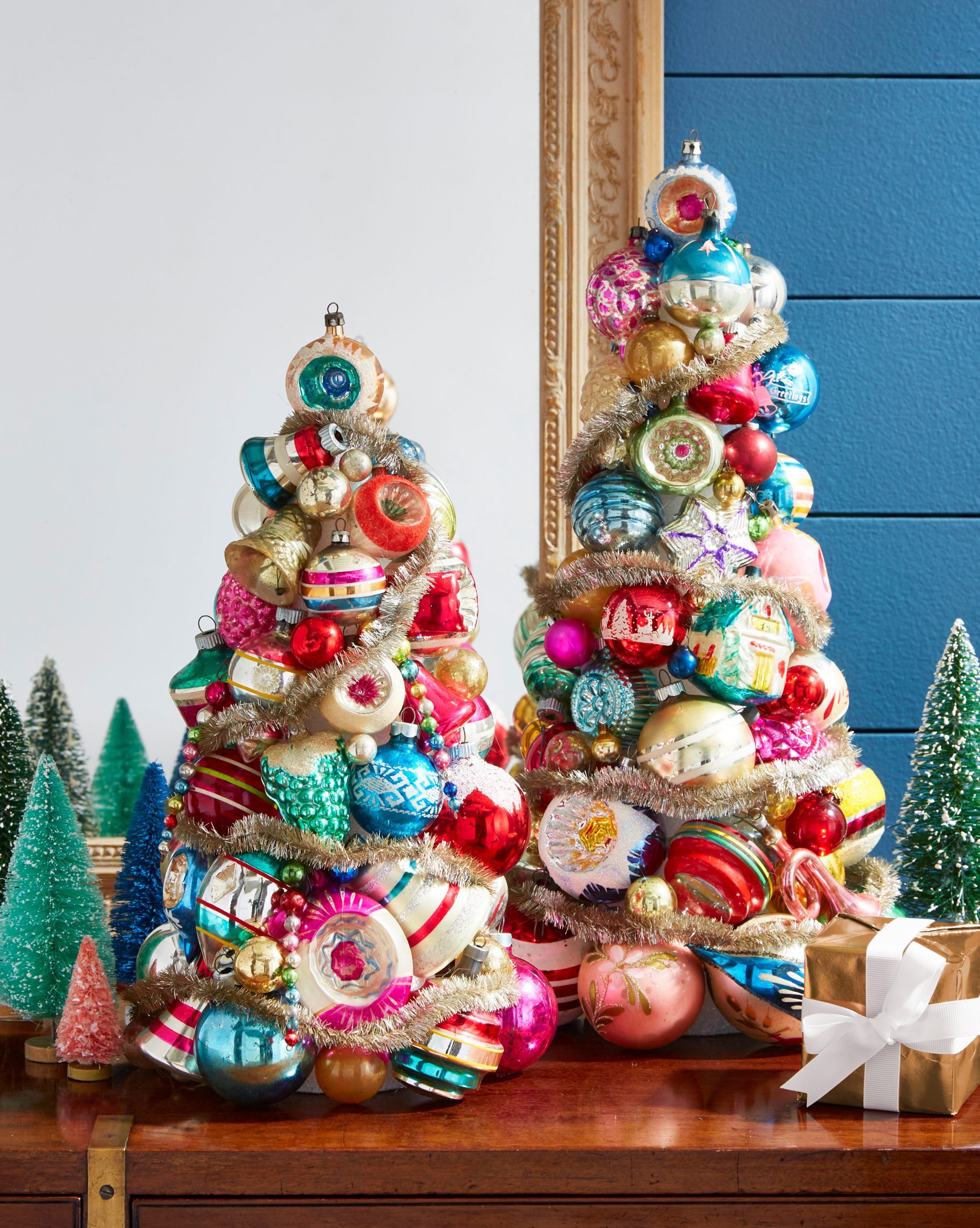 Vintage Ornament Trees with Tinsel and Bottle Brush Trees — Small Christmas Tree Decor