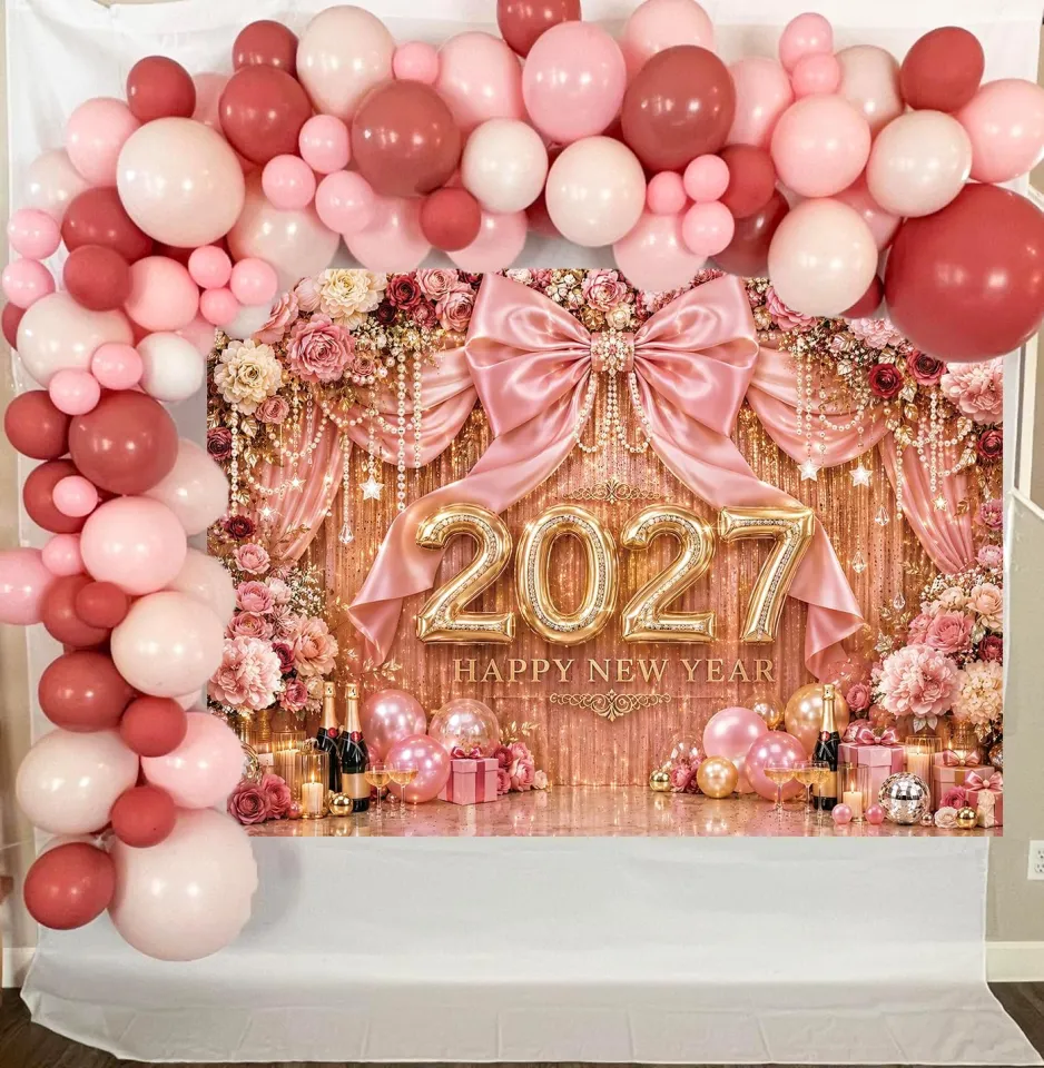 Glamorous New Year's Eve Backdrop with Large Gold '2027' Balloons and Pink Bow — New Years Eve Party 2027