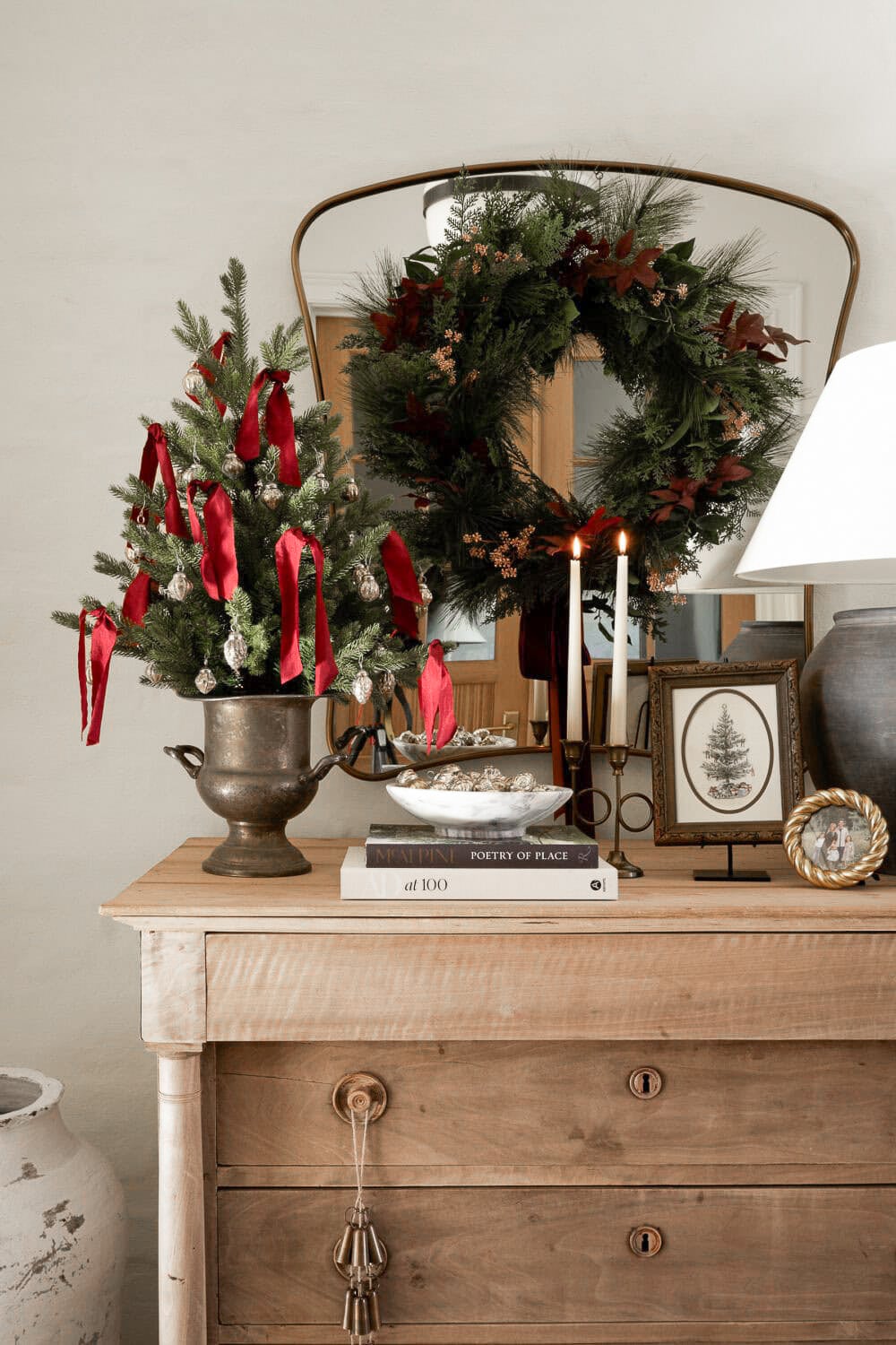 Rustic Christmas Decor Vignette on an Entryway Console Table — Burgundy Christmas Decor