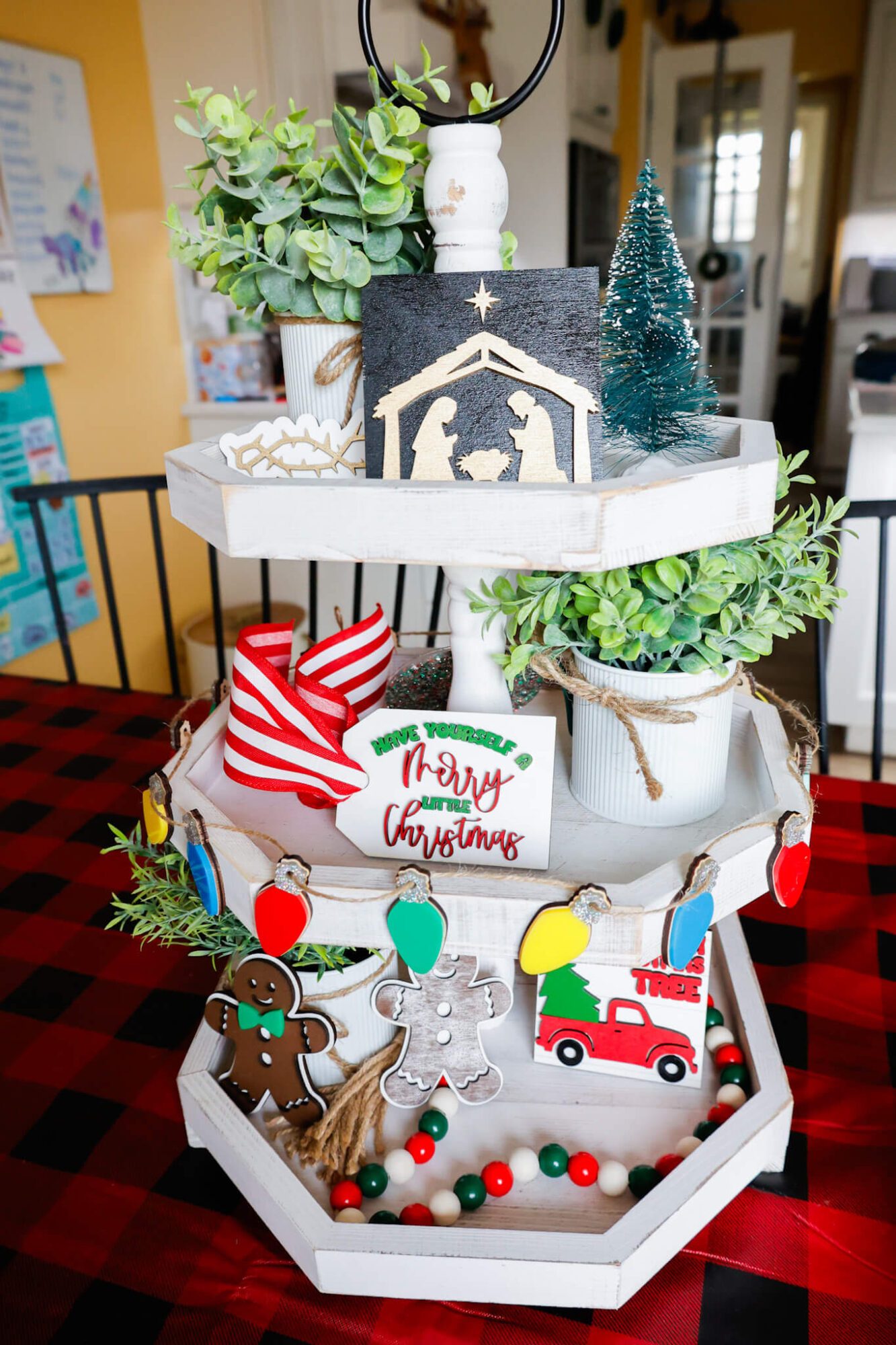 White Tiered Tray with Colorful Christmas Wooden Cutouts White Tiered Tray with Colorful Christmas Wooden Cutouts — Christmas Tiered Tray