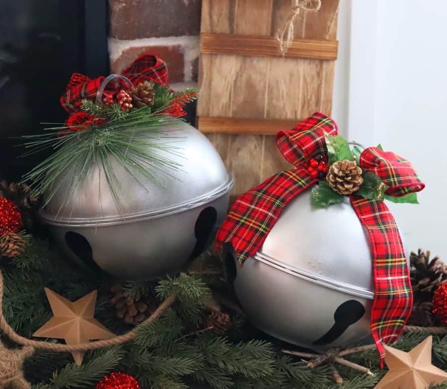 Rustic Silver Bells with Plaid Ribbon Accents — Dollar Tree Christmas Decor