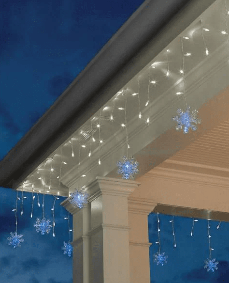 Blue Snowflake and Icicle Lights on House Eaves — Christmas House Exterior Decor
