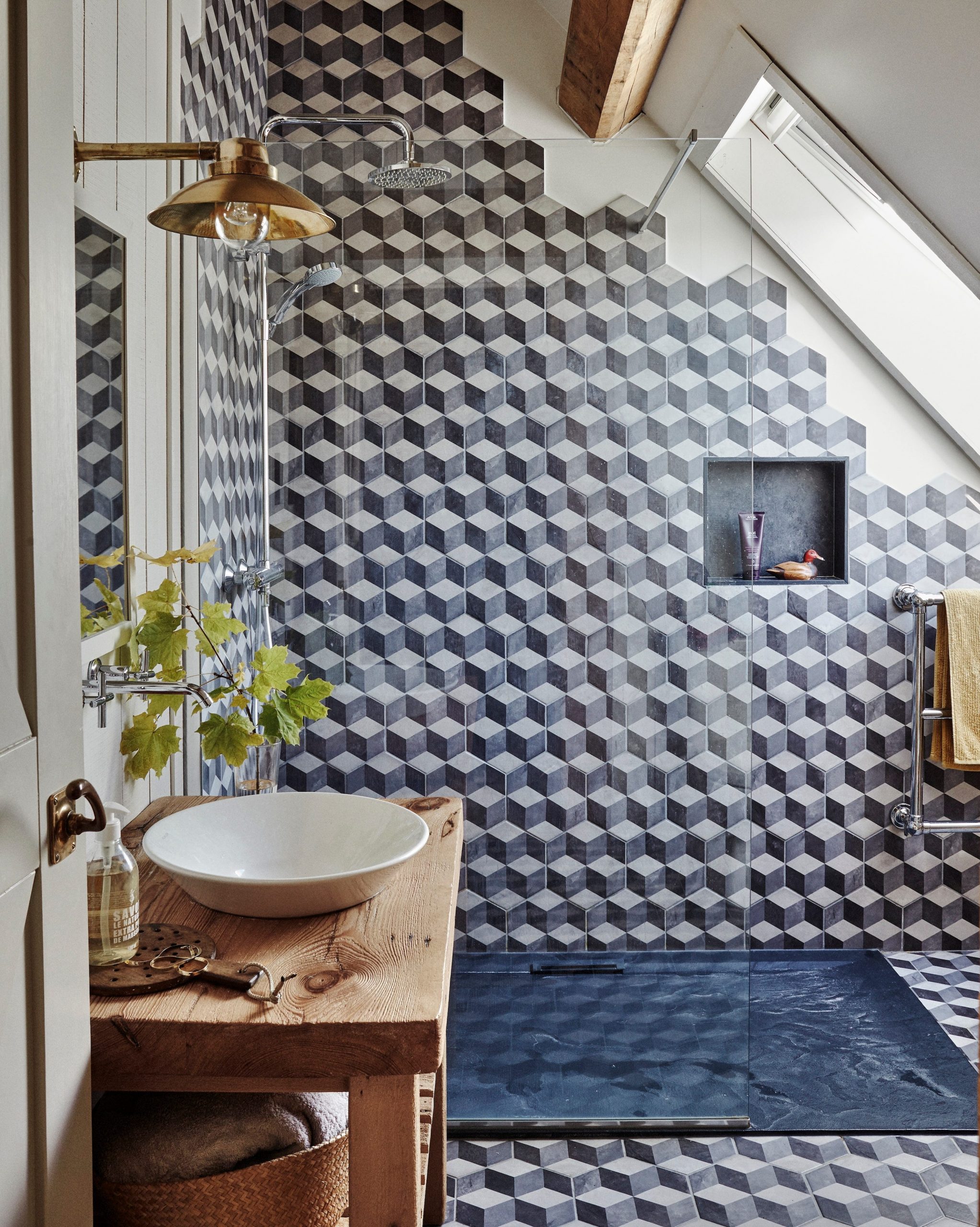 Eclectic Shower with Bold Geometric Tiles and Rustic Vanity — Shower Room Ideas