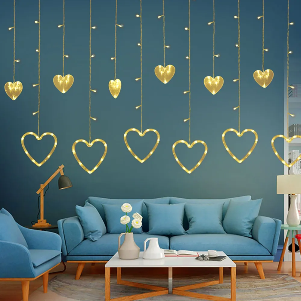Modern Living Room with Golden Heart-Shaped Fairy Lights Modern Living Room with Golden Heart-Shaped Fairy Lights — Christmas Fairy Lights Wall