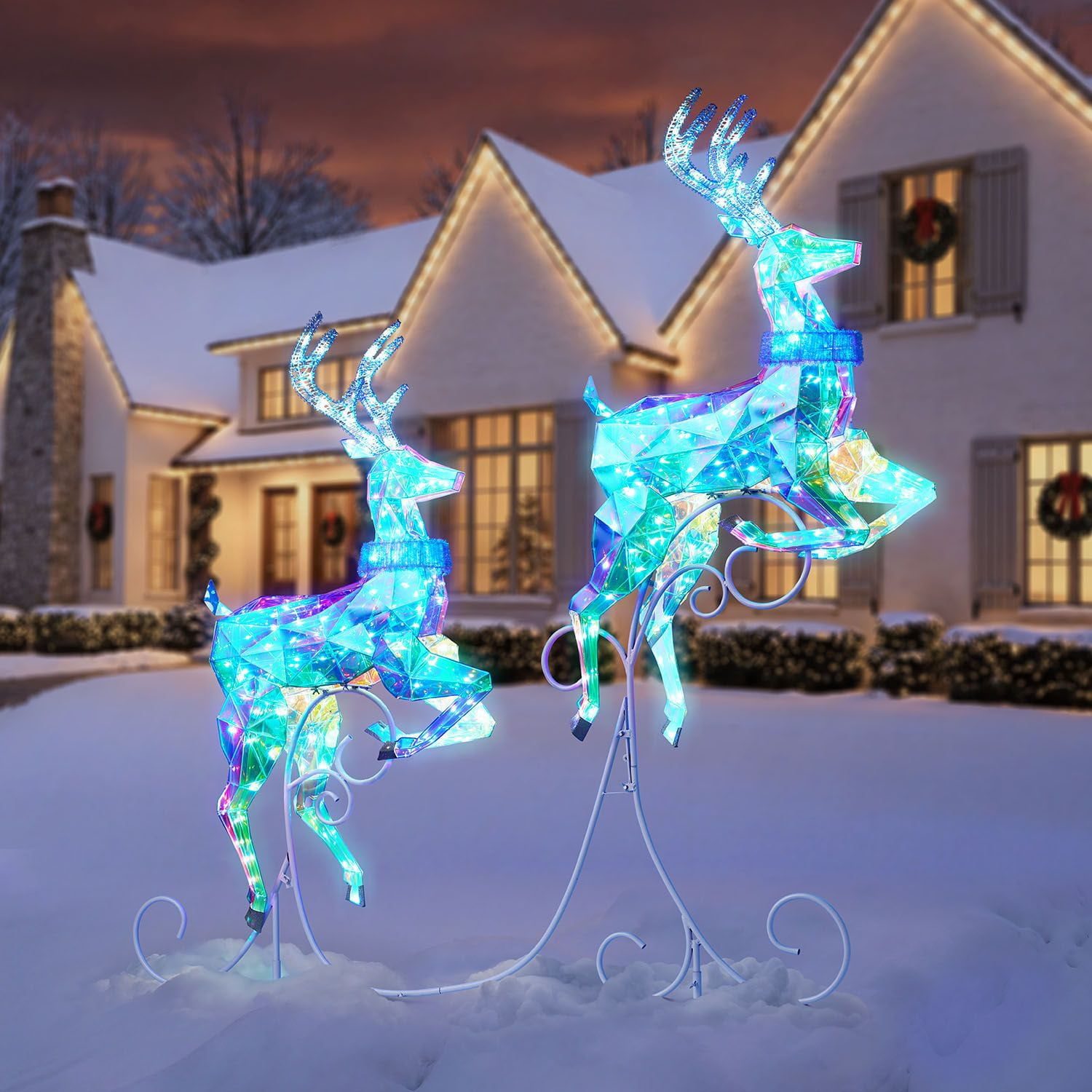 Geometric Reindeer Figures in a Snowy Yard — Outdoor Christmas Lights