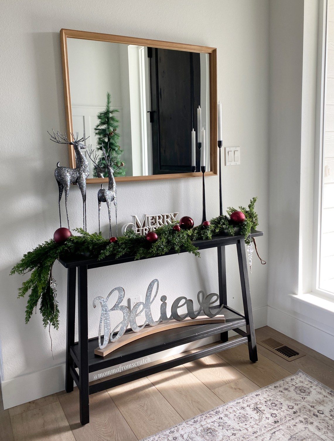 Modern Farmhouse Entryway Console with Silver Reindeer and Garland Modern Farmhouse Entryway Console with Silver Reindeer and Garland — Christmas Entryway Decor