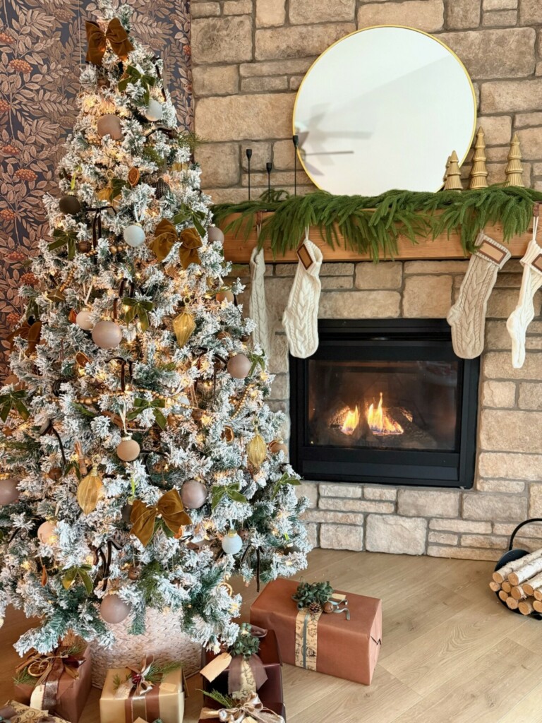 Woodland Rustic Christmas Tree by Stone Fireplace Woodland Rustic Christmas Tree by Stone Fireplace — Christmas Tree Themes
