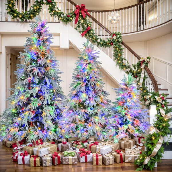 Entryway with Three Flocked Trees and Multicolor Lights by Staircase Entryway with Three Flocked Trees and Multicolor Lights by Staircase — Christmas Tree with Colored Lights
