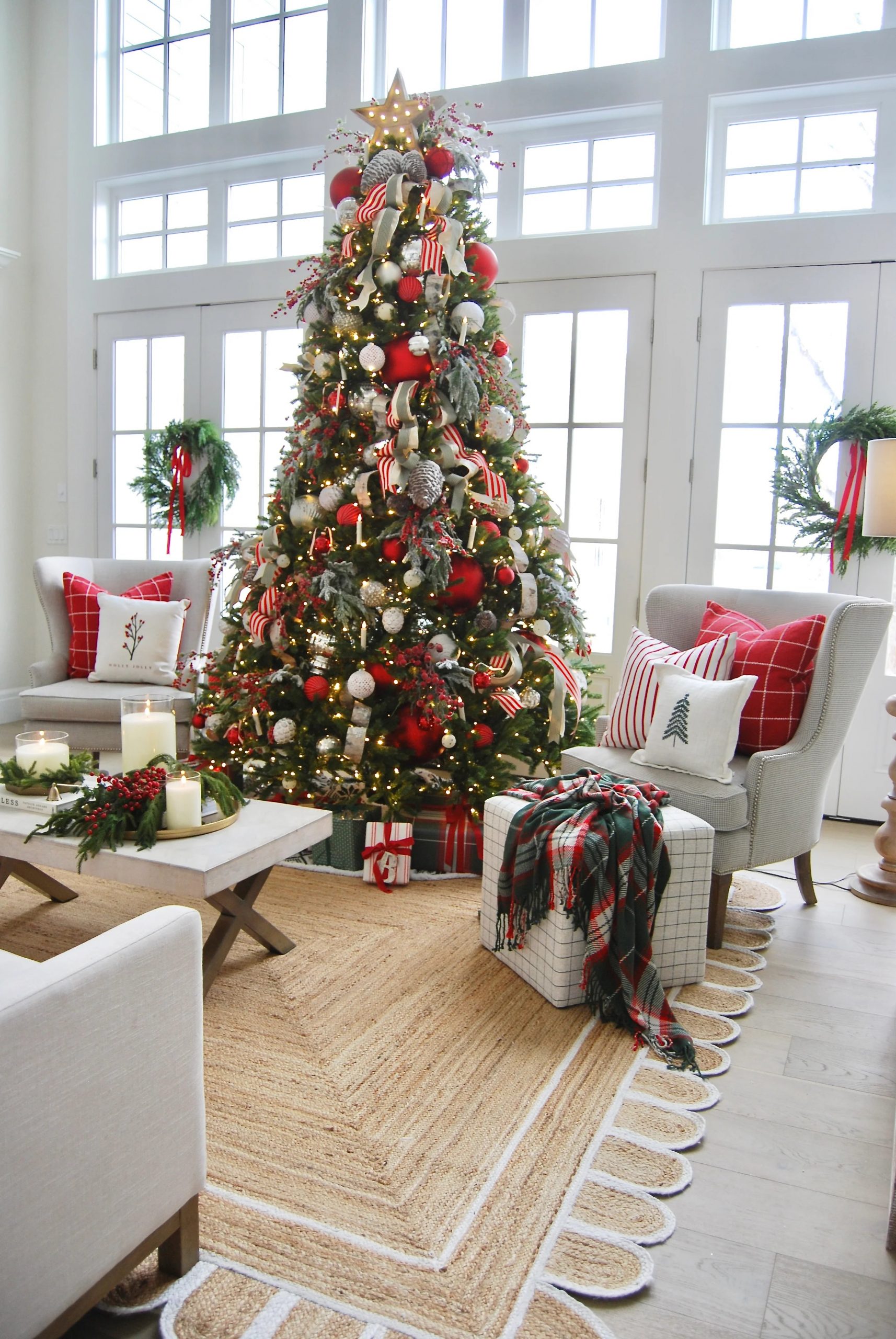 Traditional Red and Green Tree Anchored by a Jute Rug — Elegant Christmas Tree