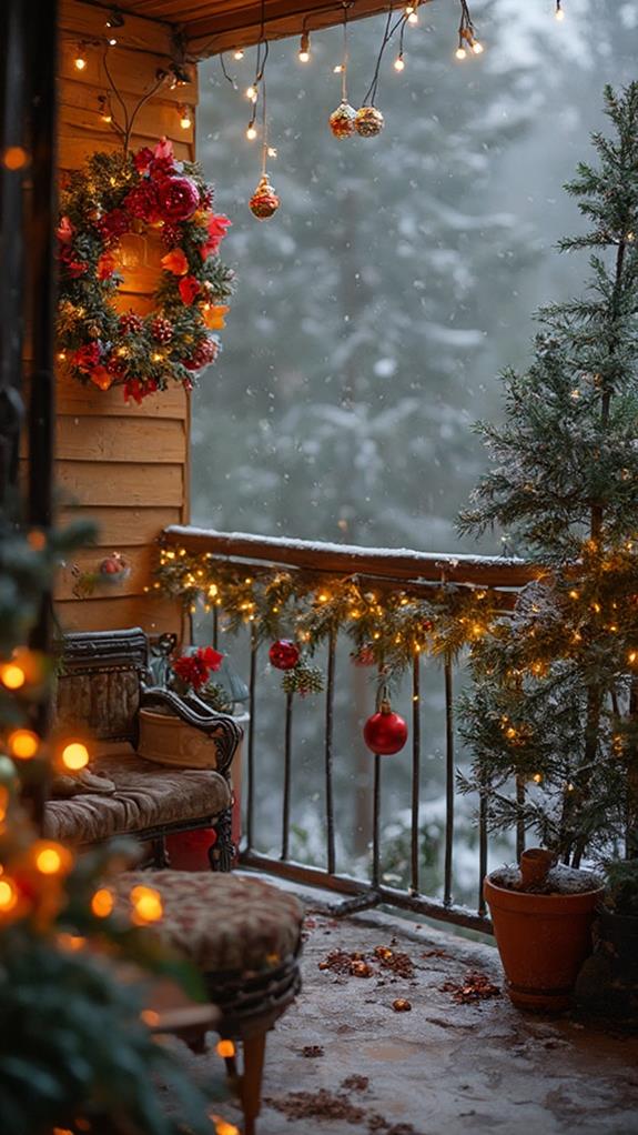 Rustic Balcony with Large Wreath, Garland, and String Lights — Christmas Balcony Decor