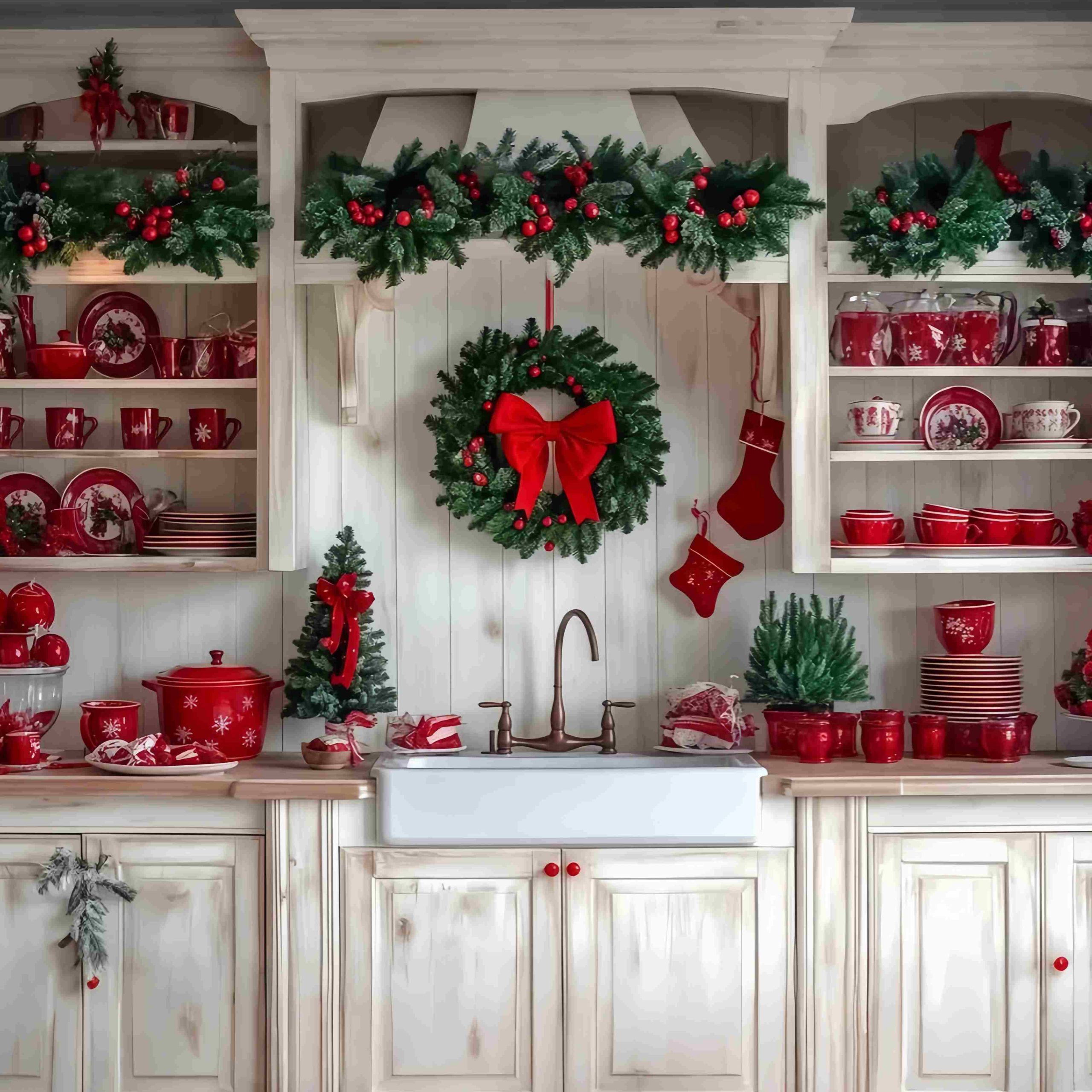 Modern Farmhouse Kitchen Shelving with Abundant Red Dishware and Wreath — Christmas Kitchen Decor