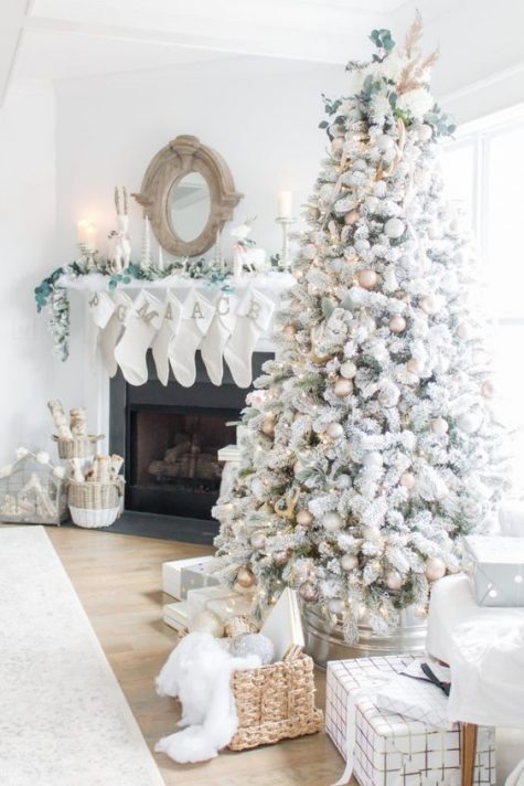 Cozy Fireplace Scene: Flocked Tree with Stockings and Gifts Cozy Fireplace Scene: Flocked Tree with Stockings and Gifts — Flocked Christmas Tree Decor