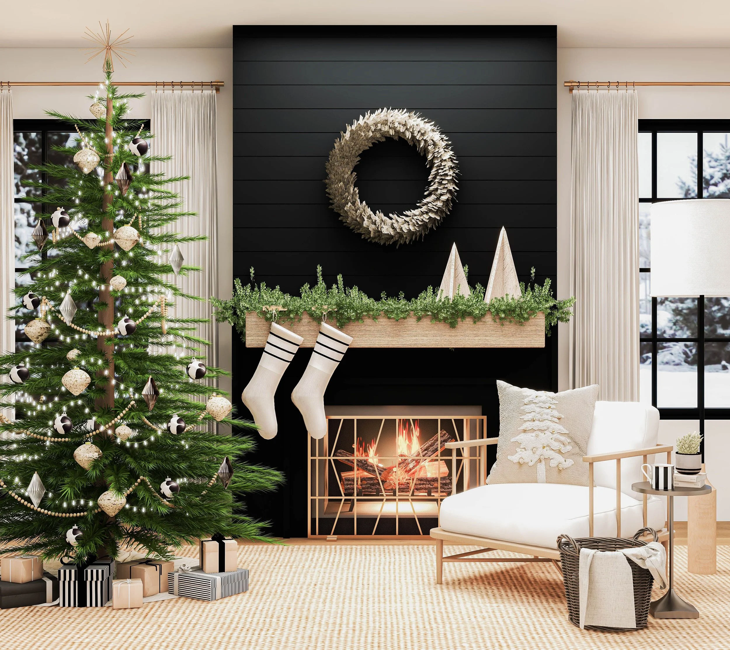 Modern Farmhouse Tree with Black, White, and Gold Monochromatic Scheme — Christmas Tree Color Schemes