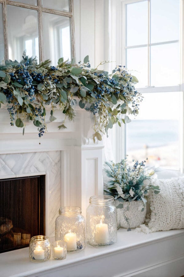 Coastal Mantel with Blue Berry Garland Coastal Mantel with Blue Berry Garland — Christmas Mantel Decor