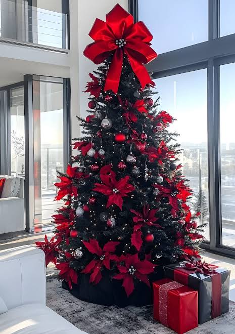 Traditional Red and Black Tree with Poinsettias and Silver Accents — Christmas Tree Color Schemes