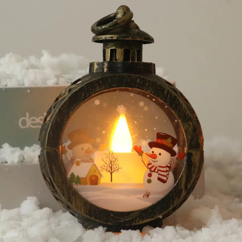 Round Bronze Lantern with Snowmen Scene and LED Candle — Christmas Lantern Lights