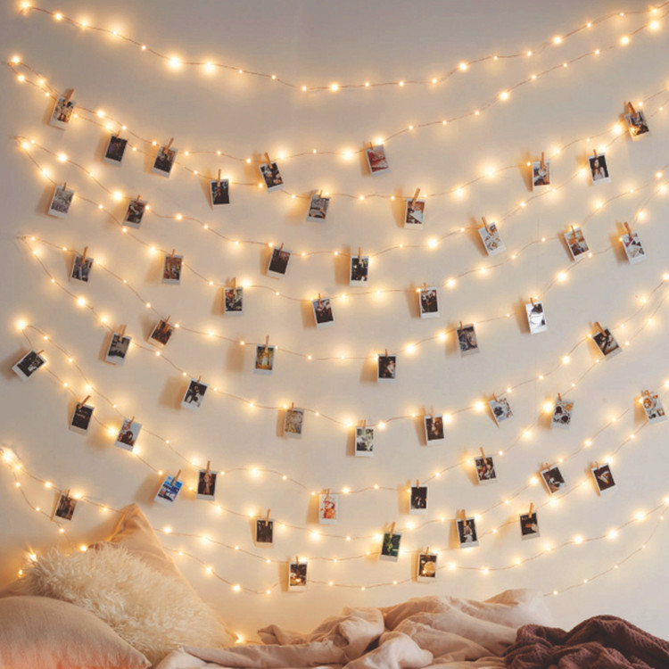 Boho Bedroom with Wave-Draped Fairy Lights and Photos Boho Bedroom with Wave-Draped Fairy Lights and Photos — Christmas Fairy Lights Wall