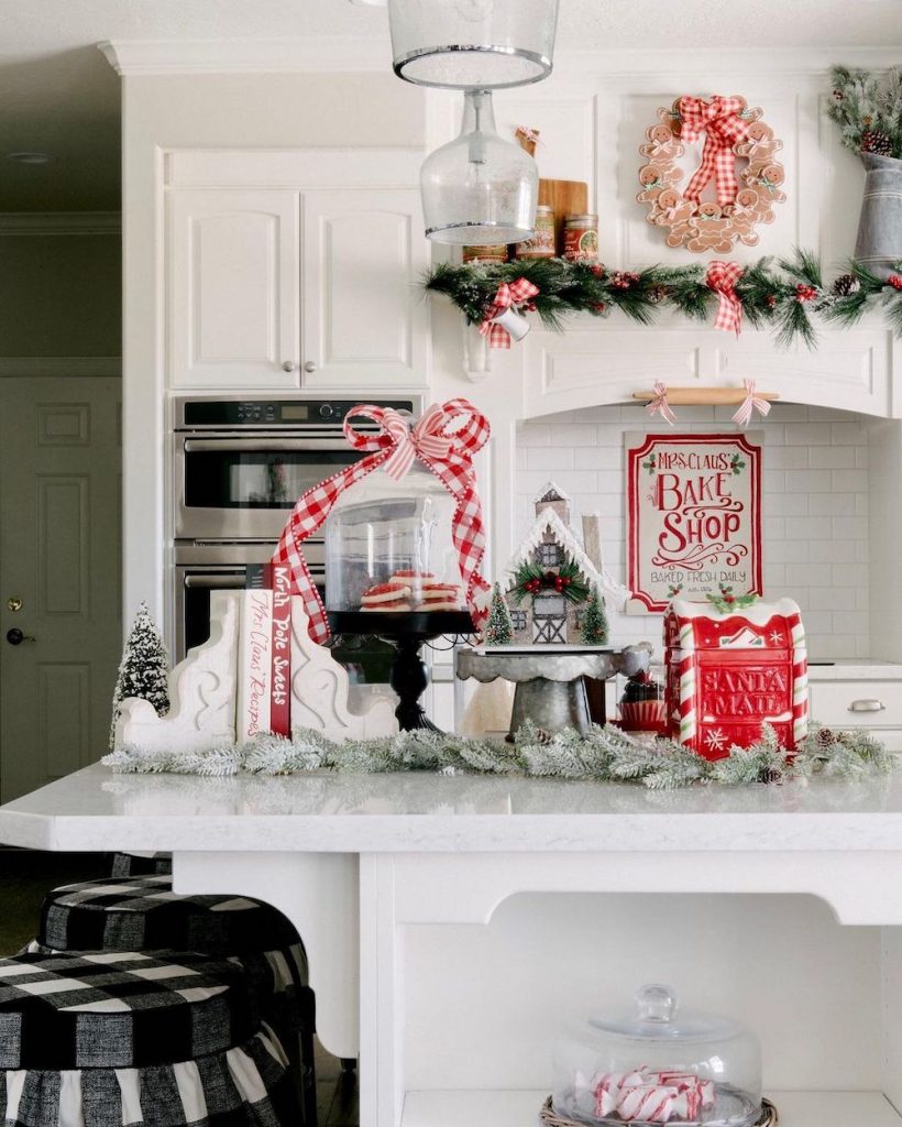 Farmhouse Kitchen Island with Gingerbread House and Mini Trees Display — Christmas Kitchen Decor