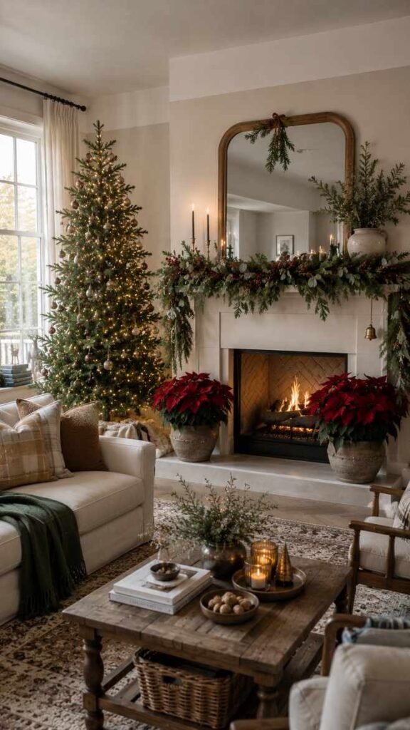 Elegant Living Room with Poinsettias and Fireplace Garland Elegant Living Room with Poinsettias and Fireplace Garland — Cozy Christmas Decor