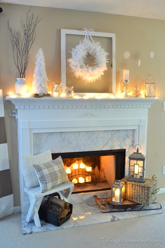Serene White Mantel with Feather Wreath Serene White Mantel with Feather Wreath — Winter Decor After Christmas