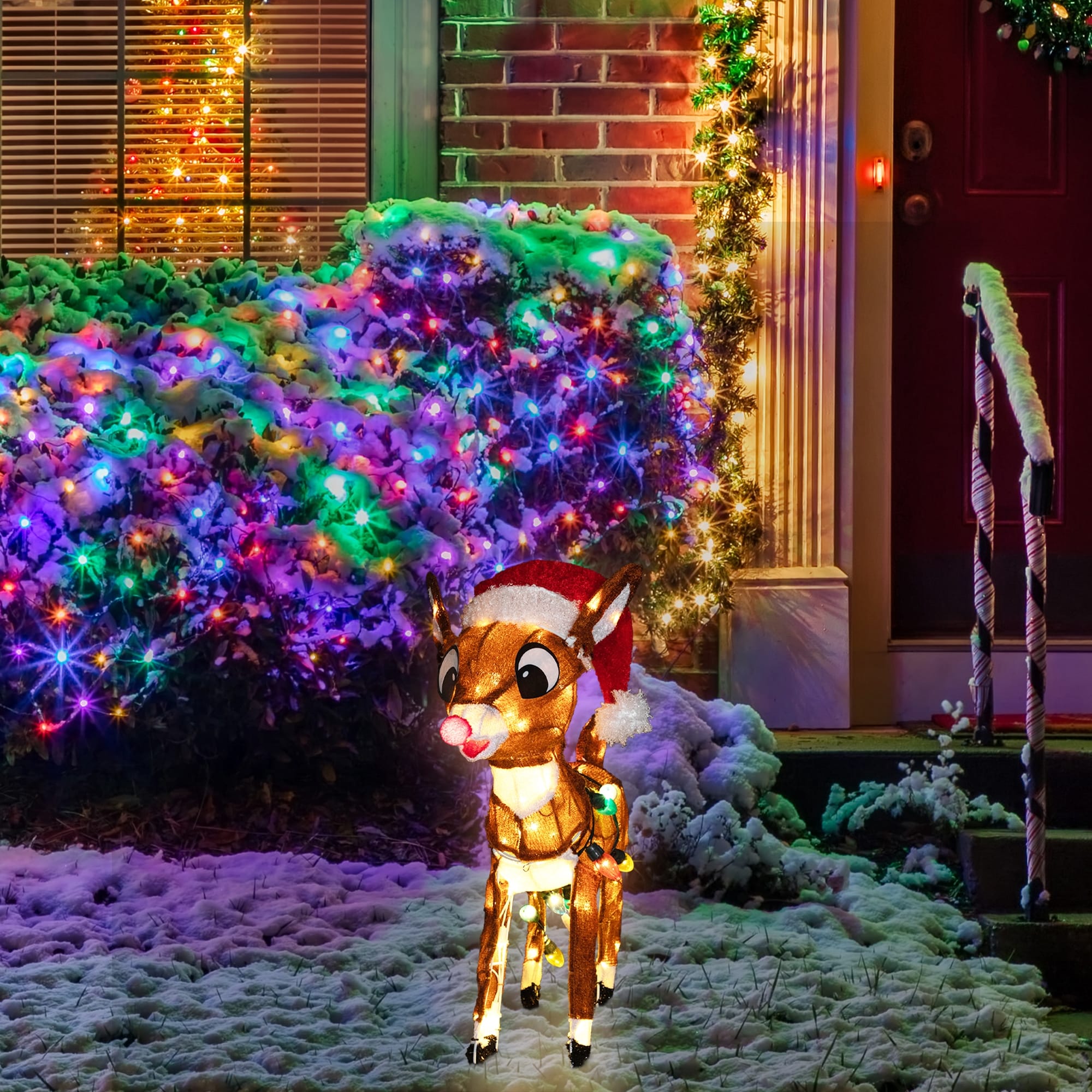 Kitschy Rudolph Decoration in a Snowy Yard — Outdoor Christmas Lights