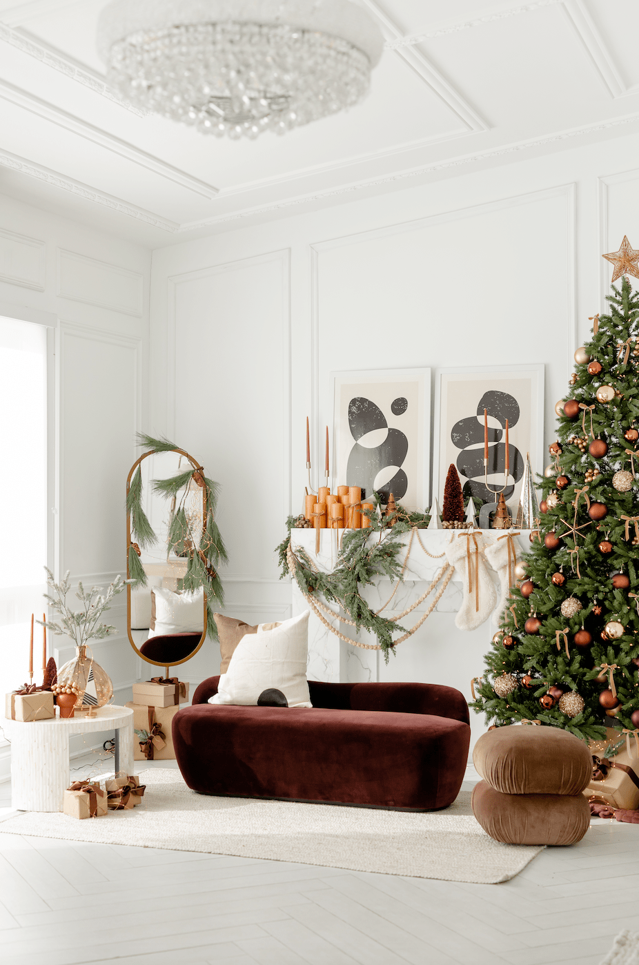 Modern Living Room Vignette with Velvet Sofa and Ornate Fireplace Mantel — Modern Christmas Decor