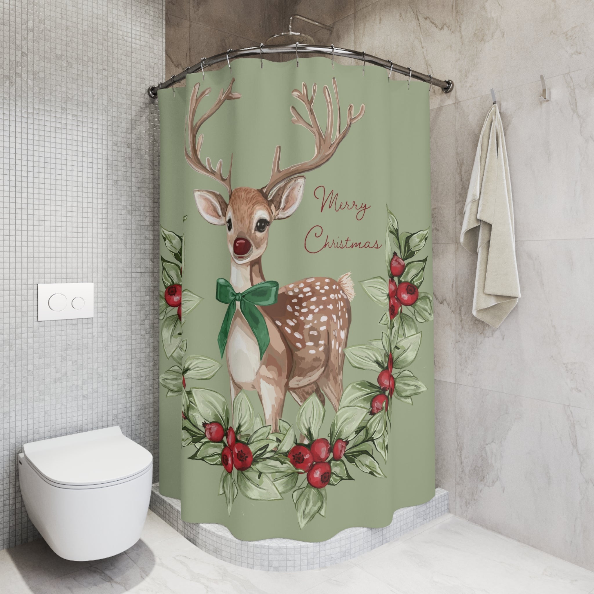 Christmas Reindeer Linen Shower Curtain - Blue Cava