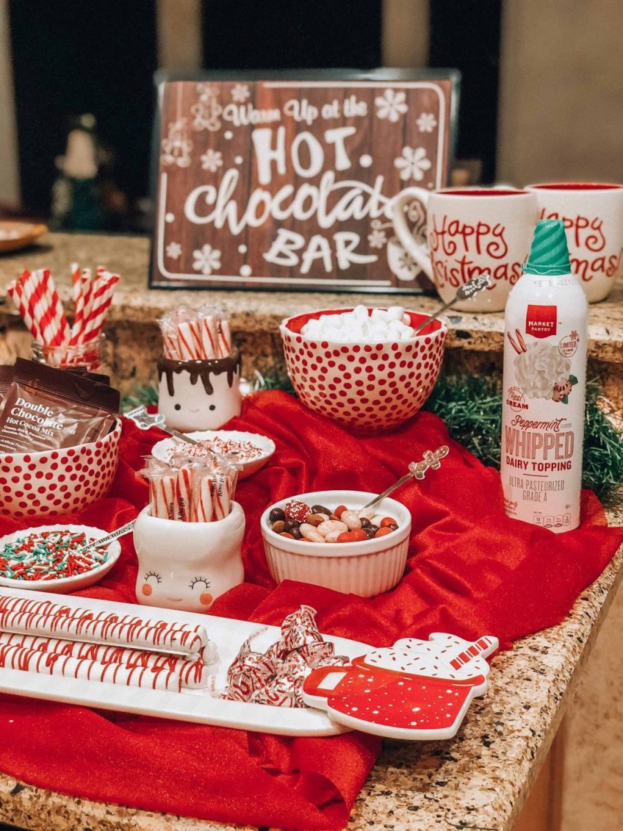 Vibrant Countertop Hot Cocoa Bar with Red Velvet Runner and Cookies — Christmas Hot Cocoa Bar