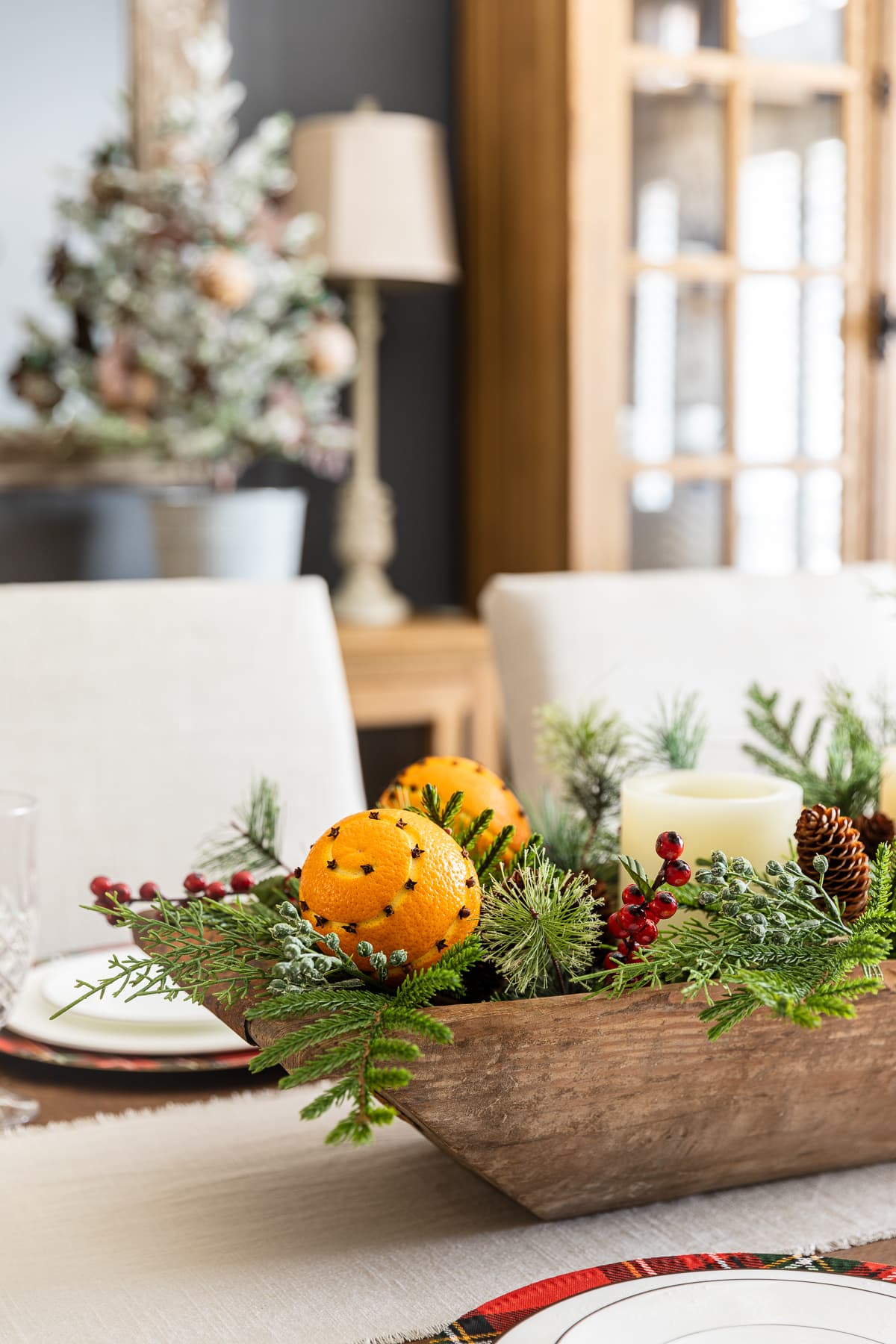 Rustic Trough Arrangement with Clove-Studded Oranges — Christmas Centerpiece