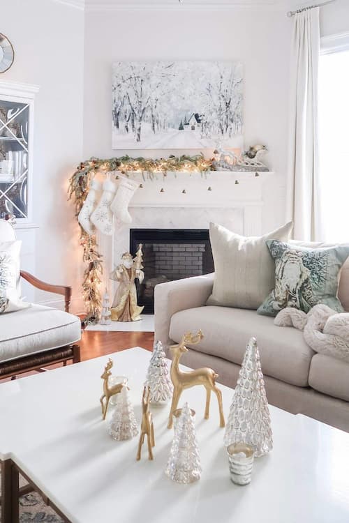 Festive Coffee Table Vignette with Gold Reindeer and Trees — Elegant Christmas Decor