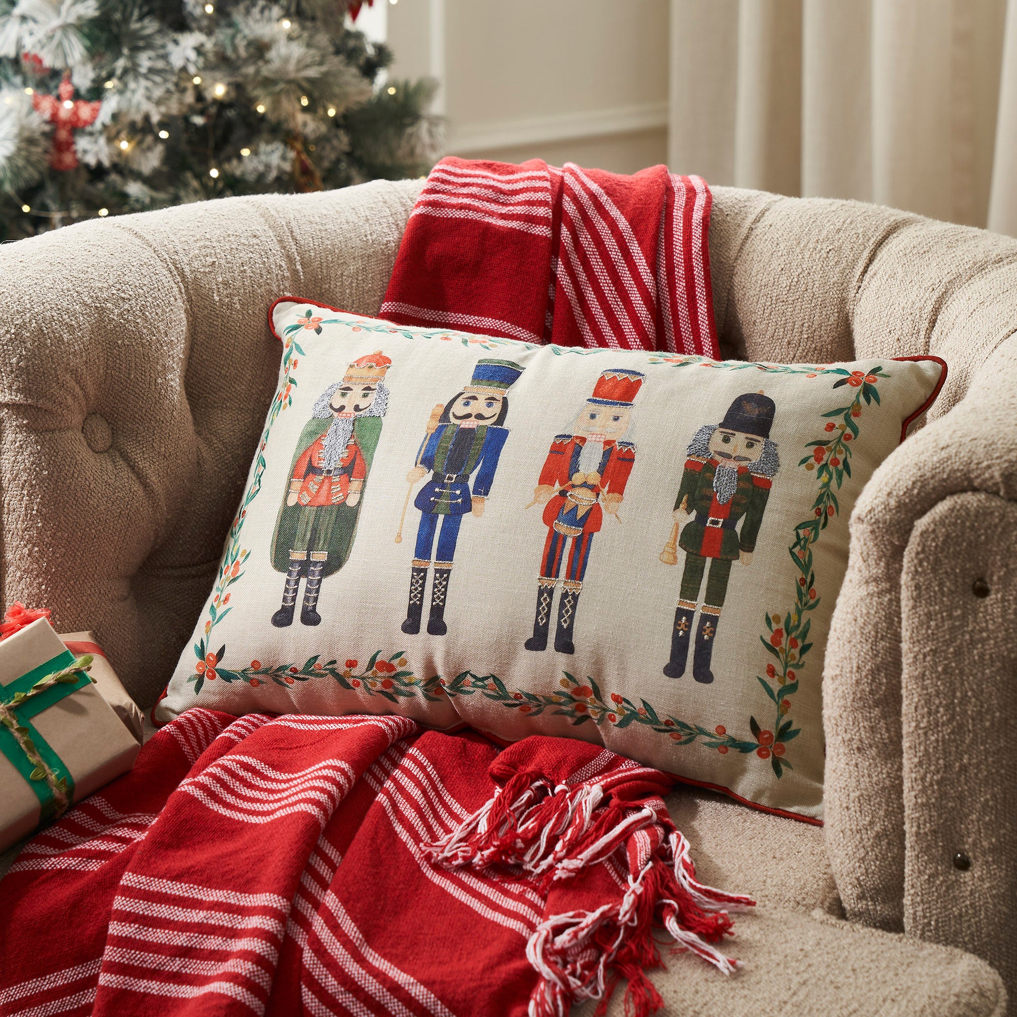 Nutcracker Pillow on a Cozy Armchair Nutcracker Pillow on a Cozy Armchair — Nutcracker Christmas Decor