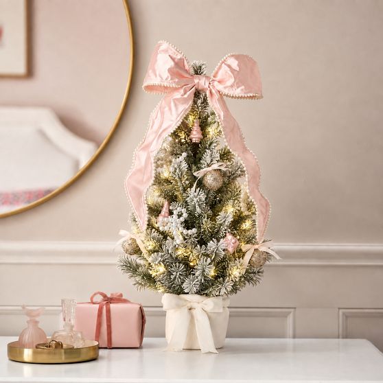 Feminine Mini Tree with Oversized Pink Bow — Small Christmas Tree Decor