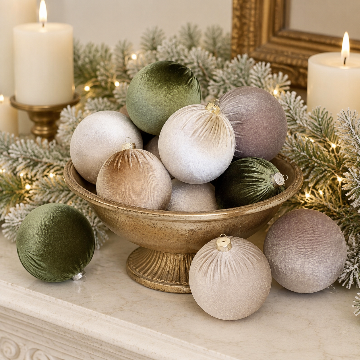 Velvet Sage Green Ornaments Displayed on a Mantelpiece Velvet Sage Green Ornaments Displayed on a Mantelpiece — Sage Green Christmas Decor