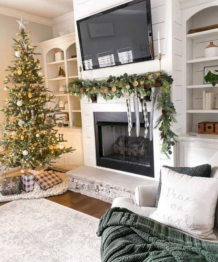 Farmhouse Mantel with Plaid Stockings Farmhouse Mantel with Plaid Stockings — Christmas Mantel Decor