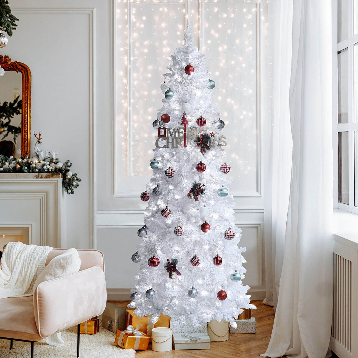 Modern All-White Christmas Tree with Red and Silver Baubles — White Christmas Tree Decor
