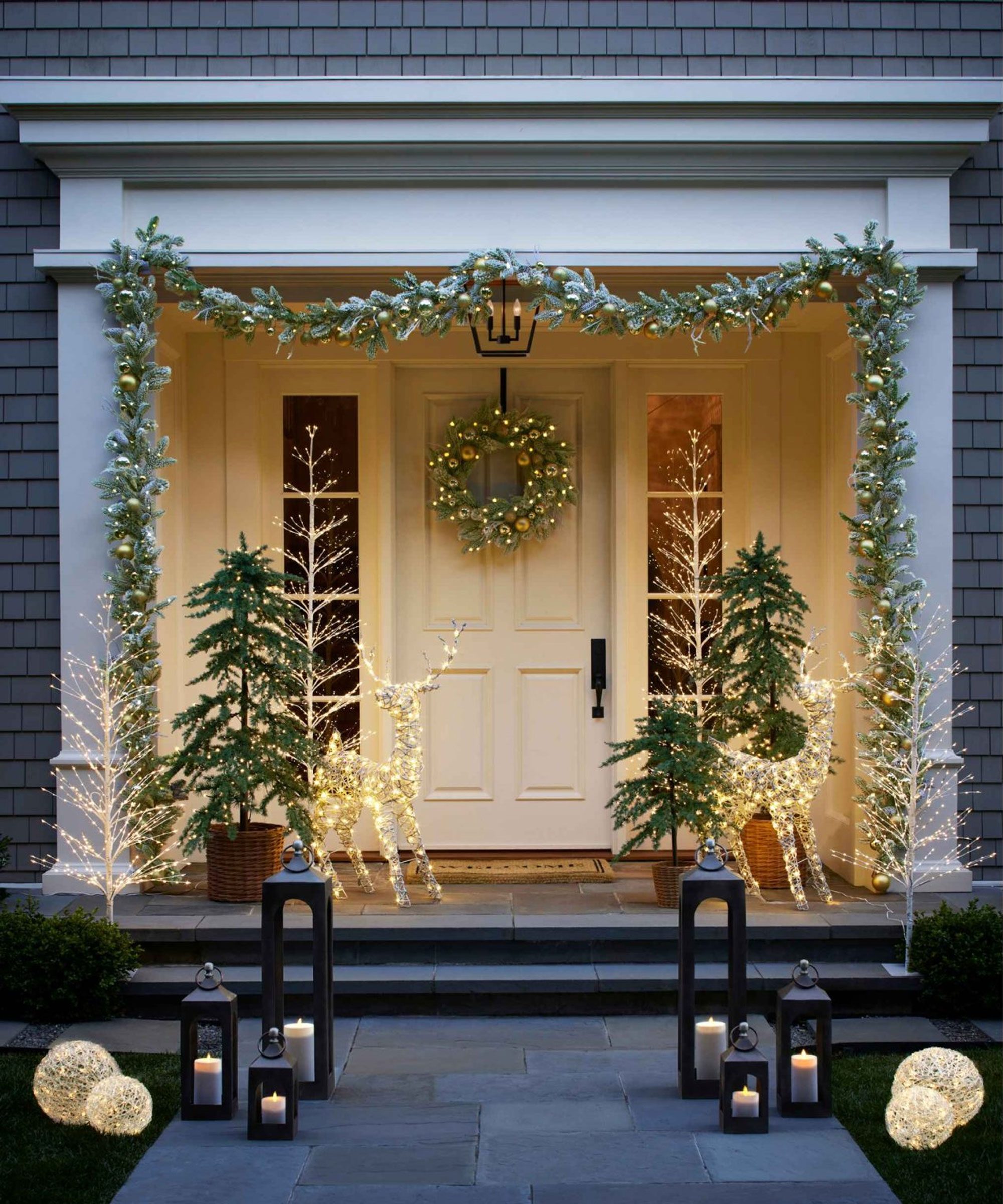 Elegant Porch with Glowing Reindeer and Lighted Trees — Outdoor Christmas Lights