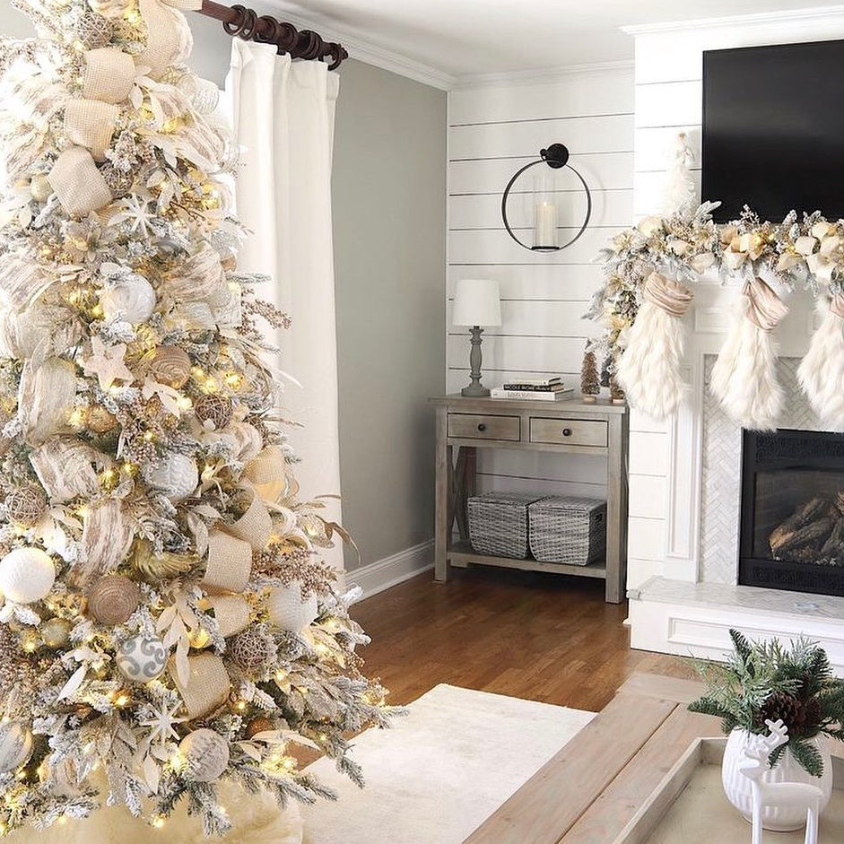 Frosted Tree with Burlap Ribbon and Cream/Beige Accents — Elegant Christmas Tree