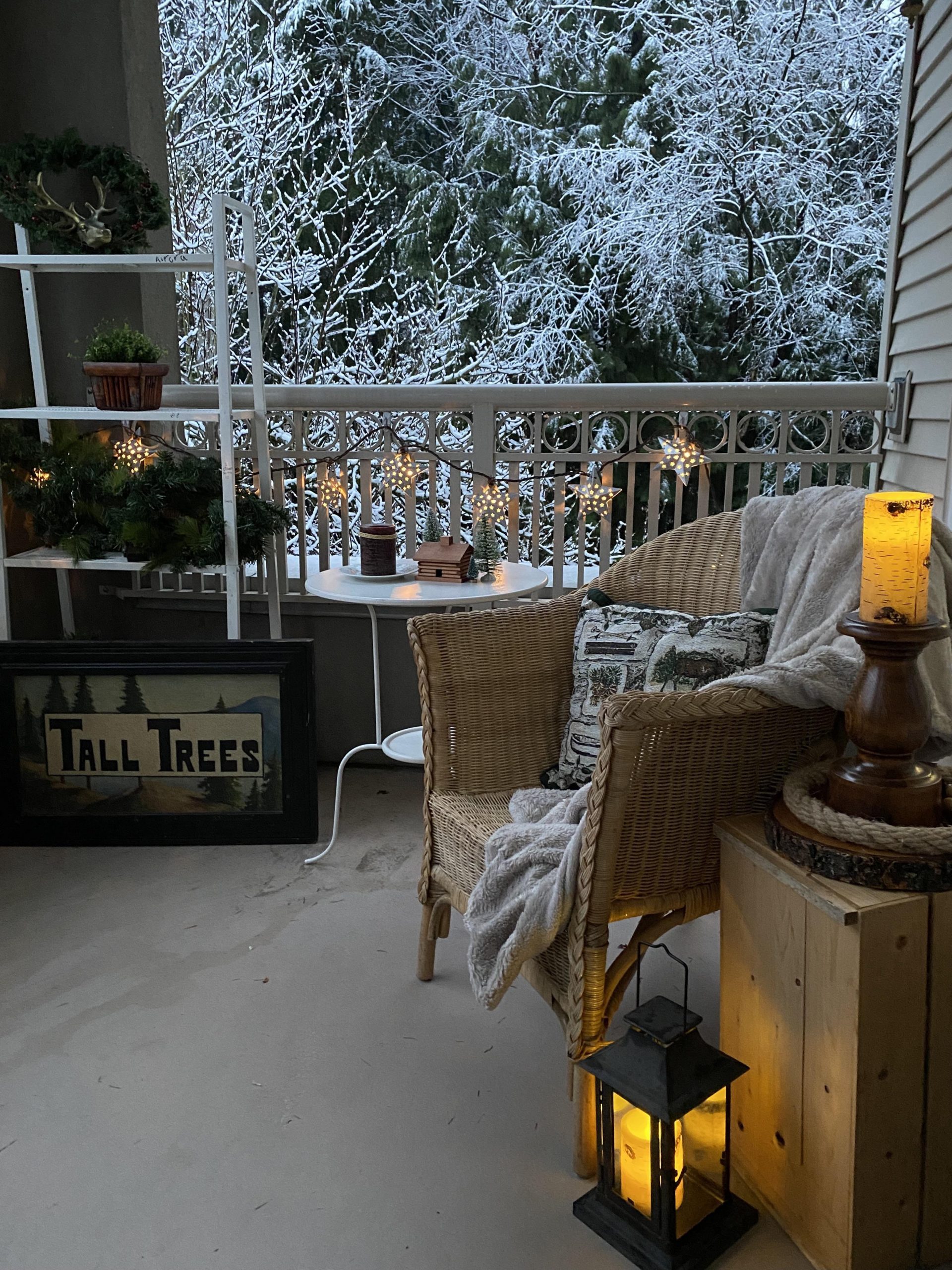Cozy Winter Balcony with Wicker Chair and Ladder Shelf Decor — Christmas Balcony Decor