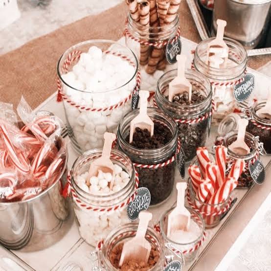 Tray Hot Cocoa Bar with Glass Jars of Toppings and Scoops — Christmas Hot Cocoa Bar