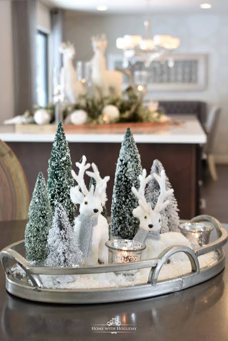 Whimsical Kitchen Island Display with Reindeer and Trees — Christmas Centerpiece