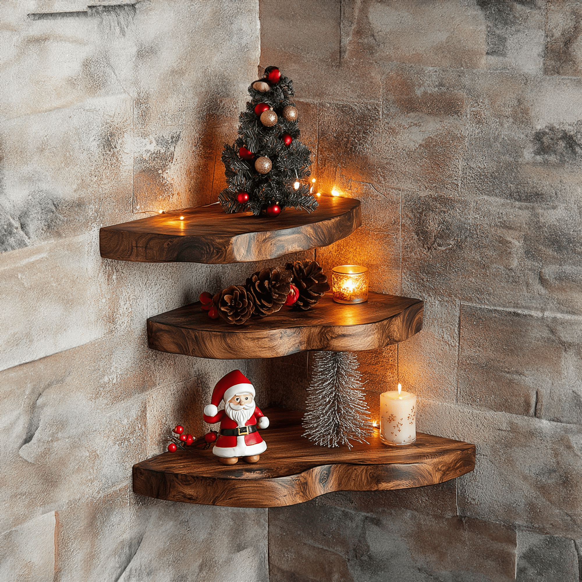 Rustic Corner Shelves with Fairy Lights and Santa Rustic Corner Shelves with Fairy Lights and Santa — Christmas Shelf Decor